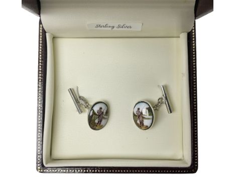 Pair of silver enamel fly fishing cufflinks, stamped 925, boxed 