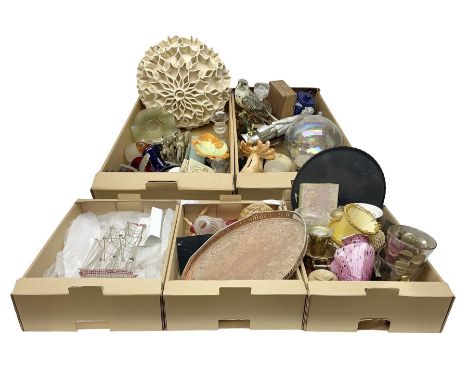 Victorian hand blown glass ship, together with decanter, studio pottery, lamp shades and other collectables, in five boxes