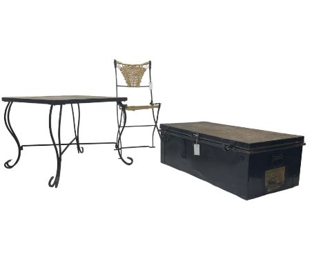 Griffiths McAlister ltd. metal travelling trunk (W90cm, H31cm, D47cm); wrought metal occasional table with slate tile top (62