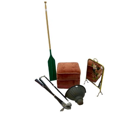 Cast iron wall planter or pocket (W42cm), small footstool upholstered in pink, collection of golf clubs, a paddle and a walki