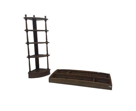 Ercol - elm five tier corner shelf (H126cm); Ercol elm wall hanging plate rack (W107cm, H49cm)