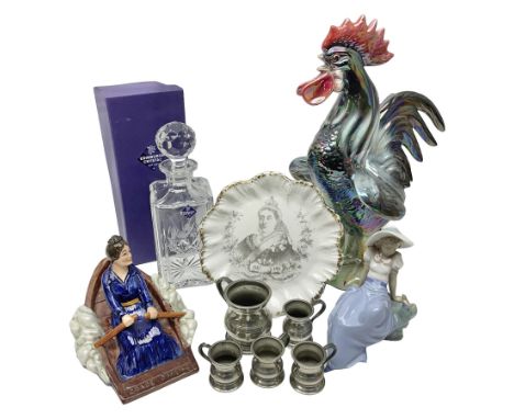 Nao figure of a lady '1042', commemorative Queen Victoria plate, pewter measures, Edinburgh crystal decanter with thistle dec