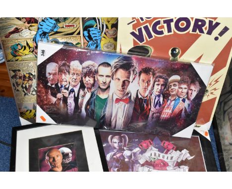 FIVE PICTURES, comprising a printed canvas depicting eleven Dr Who's, a framed limited edition print of Patrick Stewart as Je