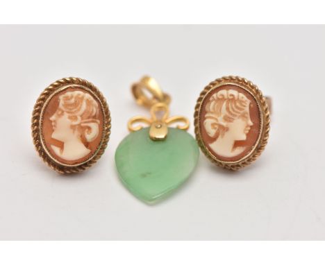 A PAIR OF 9CT YELLOW GOLD CAMEO STUD EARRINGS AND A CARVED JADE PENDANT, each earring of an oval form, set with a carved shel