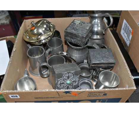 A BOX OF MOSTLY PEWTER ITEMS to include three pewter-lined wooden boxes with repousse floral patterns, one to include a caboc
