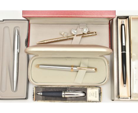AN ASSORTMENT OF PENS, to include a cased bi colour ball point 'Sheaffer' pen, a cased gold tone 'Sheaffer' ball point pen, t