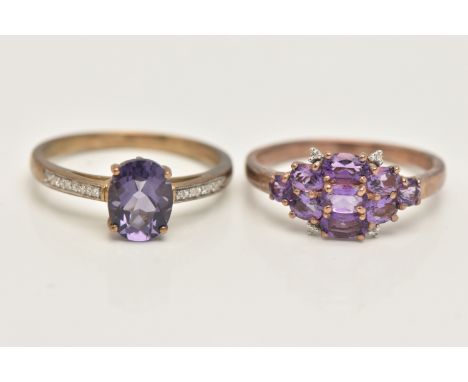 TWO 9CT GOLD AMETHYST AND DIAMOND RINGS, the first designed as a central oval amethyst to the single cut diamond shoulders, t