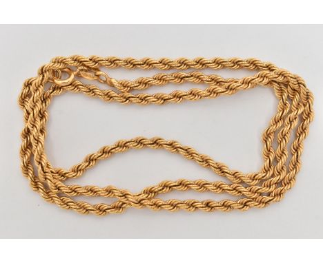 A 9CT GOLD CHAIN NECKLACE, the rope twist chain with spring release clasp, 9ct hallmark, approximate length 450mm, approximat