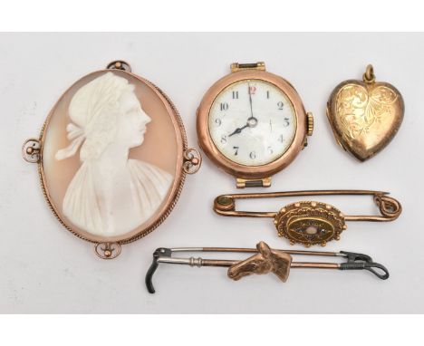 A 9CT GOLD WATCH AND OTHER ITEMS, manual wind rose gold watch head, round white Arabic numeral dial, blue steel hands, polish
