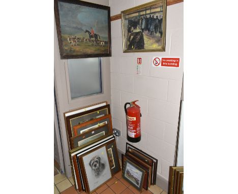 A QUANTITY OF PICTURES AND PRINTS ETC, to include a vintage unsigned oil on canvas depicting a hunting scene, approximate siz