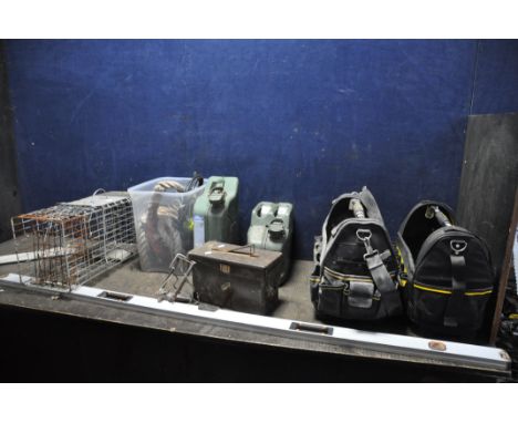 A COLLECTION OF TOOLS AND SMALL ANIMAL TRAPS including two Stanley Fatmax XL tool carriers, two 'Jerry' cans, a small ammo bo