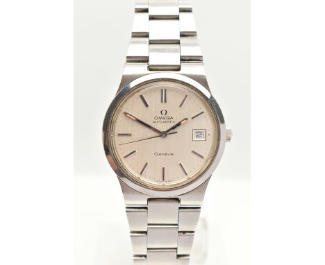 A GENTS BOXED 'OMEGA' GENEVE WRISTWATCH, automatic movement, round silvered dial signed 'Omega Geneve', baton markers, date a