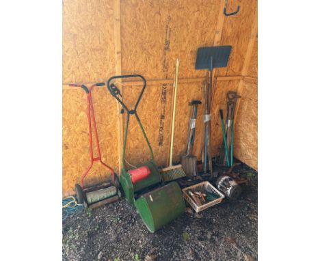 A SELECTION OF GARDEN HAND AND ELECTRIC TOOLS, to include a bundles of spades, shovels, axes, brushes, electric cylinder lawn