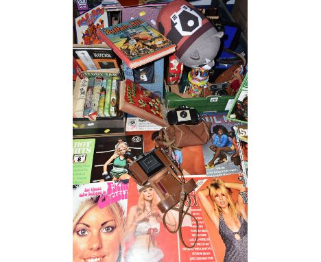 THREE BOXES AND LOOSE BOOKS, CAMERAS AND SUNDRIES, to include an EXA-1a vintage camera, a Yashica J 3040451 camera, a West Ge