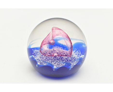 A CAITHNESS 'ROMANCE' GLASS PAPERWEIGHT, featuring a red love heart over a silver and blue coloured ground, acid etched and i