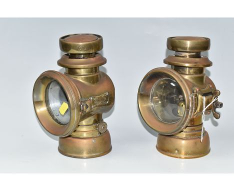A NEAR PAIR OF BRASS LUCAS KINGS OWN CAR LAMPS, both with plaque to side marked 'Lucas Kings Own, Jos. Lucas Ltd. B'ham', one
