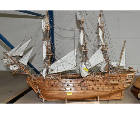 LARGE MODEL WOODEN SHIP WITH SAILS, a model ship, H. M. S Victory 1805, light wood, brass cannons, sails are made from materi