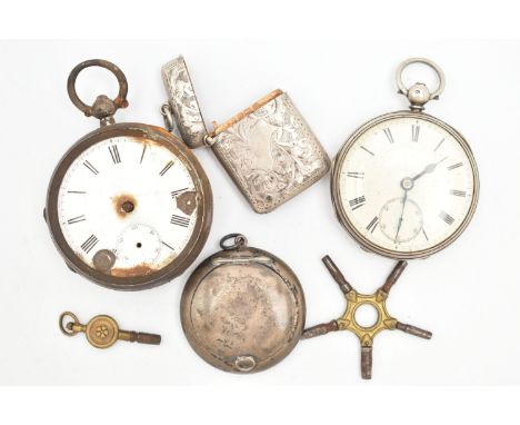 TWO SILVER POCKET WATCHES A PILL BOX AND VESTA CASE, the first a key wound open face pocket watch, round white dial, Roman nu