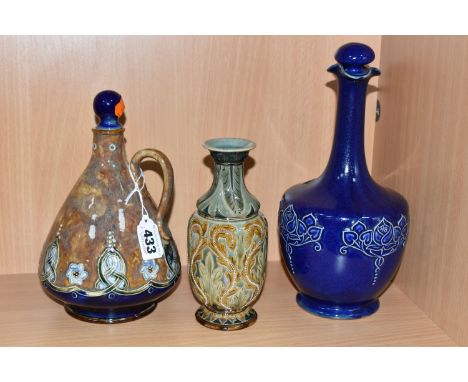 THREE PIECES OF ROYAL DOULTON, comprising a conical flagon, stamped to base 'James Burrough Ltd, Lambeth SE, Distillers of th