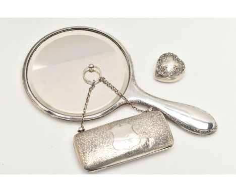 A SILVER VANITY MIRROR, PURSE AND PILL BOX, polished mirror with Aztec pattern boarder, hallmarked 'Daniel Manufacturing Comp