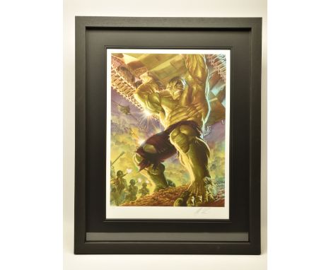 ALEX ROSS FOR MARVEL COMICS 'IMMORTAL HULK', a signed limited edition print on paper, depicting Hulk lifting a tank, 24/195 w