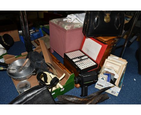 TWO BOXES AND LOOSE MISCELLANEOUS ITEMS to include a Mahjong set with instructions in English, tiles, four dice and counting 