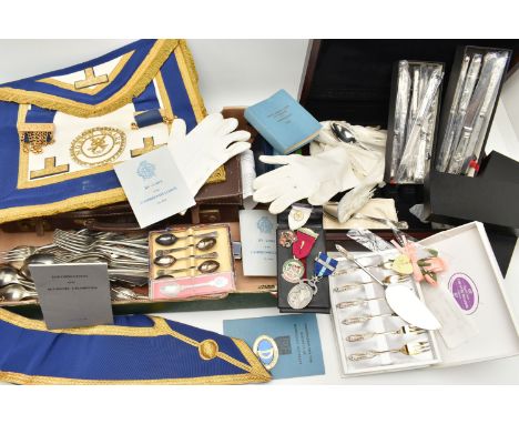 A BOX OF ASSORTED ITEMS, to include a Masonic briefcase including a blue and white apron, white gloves, sash with medallion, 