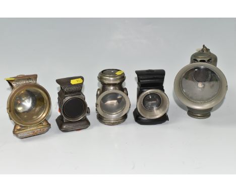 FIVE VINTAGE LUCAS CAR LAMPS comprising a Silver King headlamp impressed with the number 50, some wear to the metal, a Captai