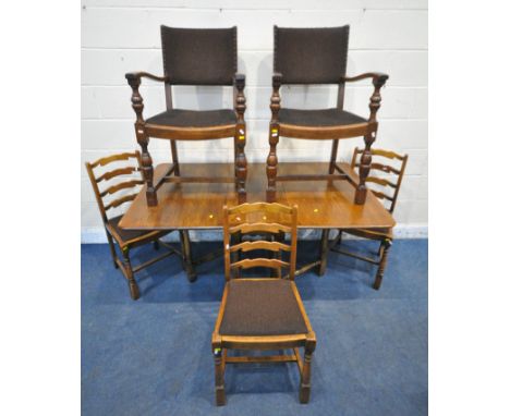 A 20TH CENTURY OAK GATE LEG TABLE, open width 148cm x closed width 40cm x depth 92cm x height 75cm, along with a set of three