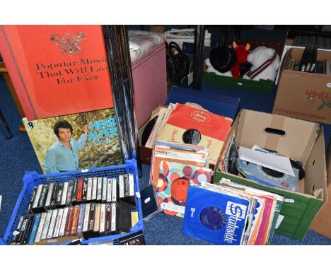 TWO BOXES AND A CASE OF LPS, 45 RPM SINGLES AND CASSETTE TAPES comprising approximately forty singles to include The Kinks' A