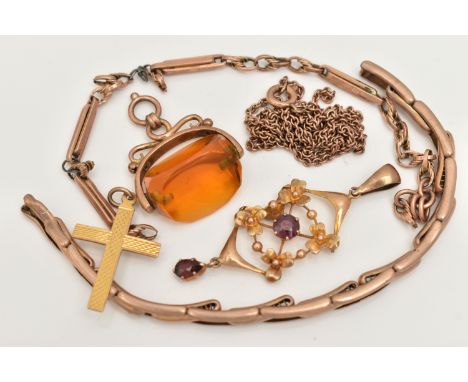 A 9CT GOLD CROSS PENDANT AND OTHER PIECES, engine turned pattern cross pendant, hallmarked 9ct London, fitted with a jump rin