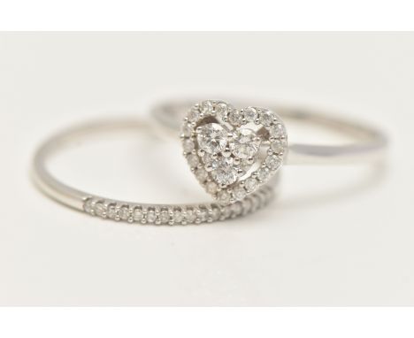A 9CT GOLD DIAMOND RING WEDDING SET, to include white gold heart form mount, prong set with a cluster of round brilliant cut 