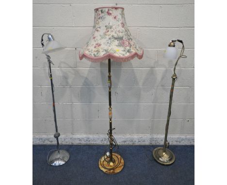 THREE VARIOUS STANDARD LAMPS, to include a brass and onyx lamp (condition report: onyx damaged, other signs of usage to all) 