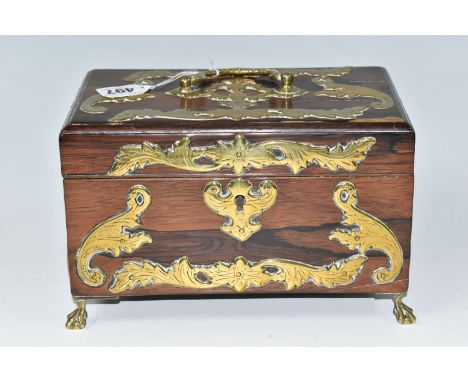 A NINETEENTH CENTURY ROSEWOOD AND BRASS TEA CADDY, of rectangular form, with brass mounts, handle and four ball and claw feet