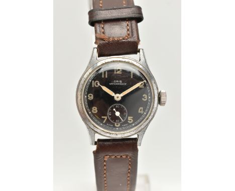 A GENTS 'ORIS' WRISTWATCH, manual wind, round black dial signed 'Oris Waterproof', luminescent Arabic numerals and hands, sub
