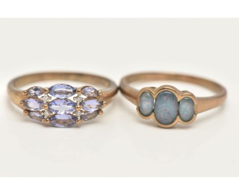TWO 9CT GOLD GEM SET RINGS, the first designed as a graduated cluster of marquise shape tanzanite with diamond detail, the se