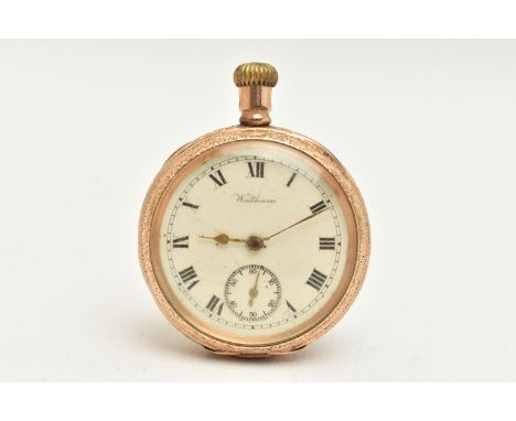 A GOLD PLATED 'WALTHAM' POCKET WATCH, manual wind, round discoloured dial signed 'Waltham', Roman numerals, subsidiary dial a