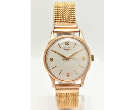 A GENTS 9CT GOLD 'LONGINES' WRISTWATCH, manual wind, round silvered dial signed 'Longines', Arabic quarterly applied markers 