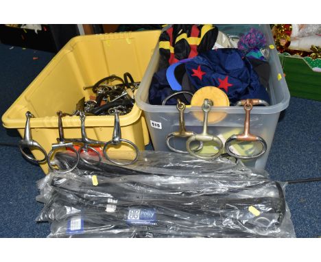 THREE BOXES OF HORSE RIDING EQUPMENT, to include new junior Harry Hall jodhpurs, approximately 20 riding hat covers various d