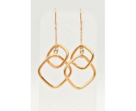 A PAIR OF 9CT GOLD DROP EARRINGS, each designed as two interlocking graduated squares suspended from a fine chain, to the hoo