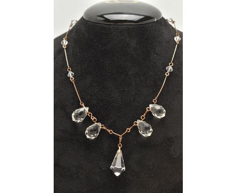 A FACETED GLASS BEAD AND WIRE NECKLACE, suspending five briolette cut clear glass droppers, fitted with plated wire links and