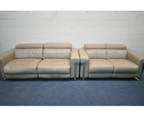 A SOFOLOGY MORENA DARK BEIGE LEATHER TWO PIECE LOUNGE SUITE, comprising an double electric reclining sofa, length 217cm x dep