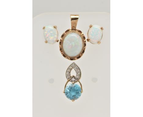 A SMALL ASSORTMENT OF JEWELLERY, to include a yellow metal and opal pendant, unmarked, a blue topaz and colourless sapphire p