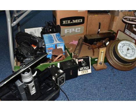 TWO BOXES AND LOOSE CAMERAS AND MISCELLANEOUS ITEMS to include a cloisonne egg, five vintage pen knives, a lacquered wooden b