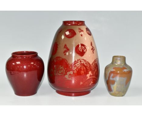 THREE PIECES OF EARLY 20TH CENTURY BERNARD MOORE FLAMBE POTTERY VASES, comprising an inverted baluster vase decorated with st