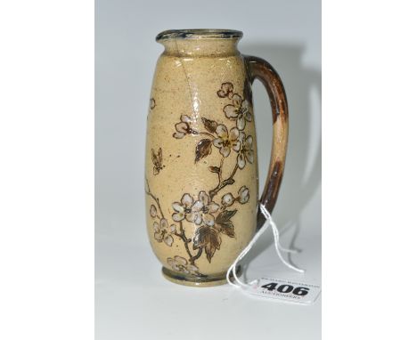 A SMALL MARTIN  BROTHERS STONEWARE JUG, of elongated ovoid form, the buff ground incised with prunus blossom and a butterfly,