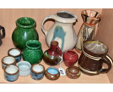 FOURTEEN PIECES OF STUDIO POTTERY, to include two green glazed vases marked 'Fougard-Jourdan, Vallauris AM', tallest 13cm, a 