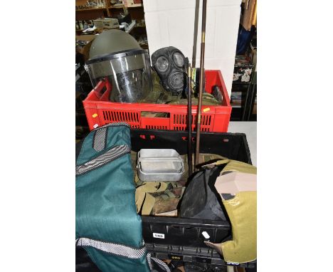 TWO BOXES OF HUNTING AND OTHER OUTDOOR PURSUIT ITEMS, to include a helmet with visor, a respirator mask, camouflage print uti