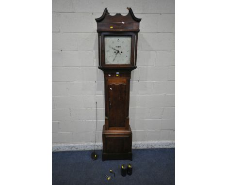 A GEORGIAN OAK EIGHT DAY LONGCASE CLOCK, the hood door enclosing a 13 inch dial, depicting Arabic numerals, signed Humphrey J