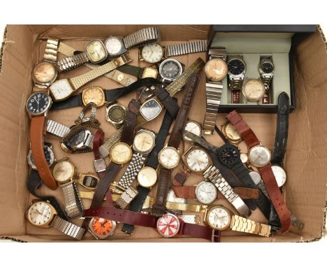A BOX OF ASSORTED LADIES AND GENTS WRISTWATCHES, to include two gents 'Sekonda' automatic watches on replacement bracelets, a